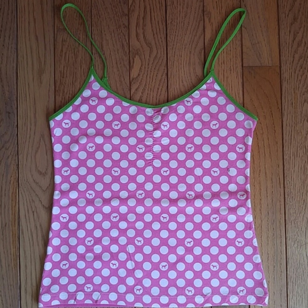 ISO Victorias Secret PINK polka dot dog camisole with pink and green details